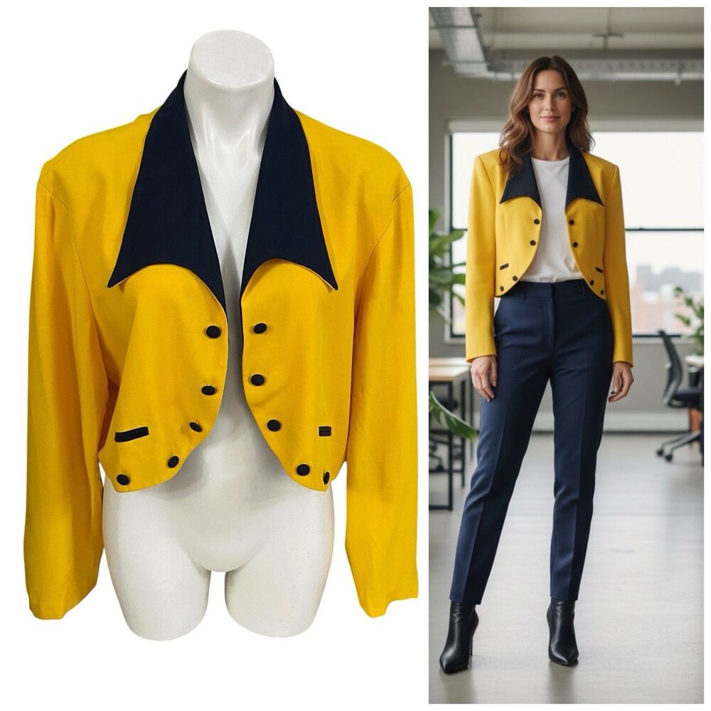 VTG Menu Crop Blazer Womens Sz 16 Yellow 80s Vampire Goth Whimsigoth Rockabilly